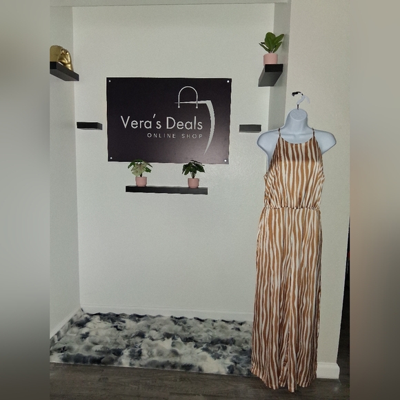 Blu Pepper Pants - Blu Pepper Caramel Abstract Stripe Halter Neck Belted Jumpsuit